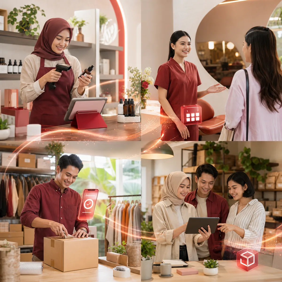 Kolase empat cara kerja usaha: penjualan di kasir, layanan dan reservasi, melayani permintaan pelanggan, serta koordinasi tim dan operasional.